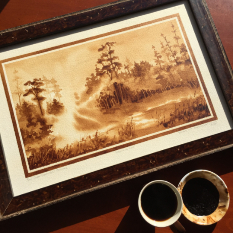 Steven Mikel, Dark Roast Watercolors - Painting with Coffee - framed painting 'Morning Lift' with side cups of coffee paint