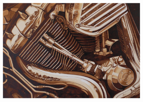 A painting of Harley-Davidson V-Twin motorcycle engine by artist Steven Mikel, Dark Roast Watercolors - Painting with Coffee