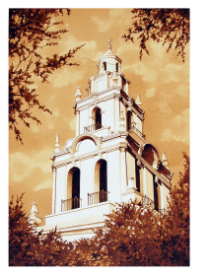 A painting of the Knowles Chapel Tower on the Campus of Rollins College in Winter Park, Florida by Artist Steven Mikel, Dark Roast Watercolors - Painting with Coffee