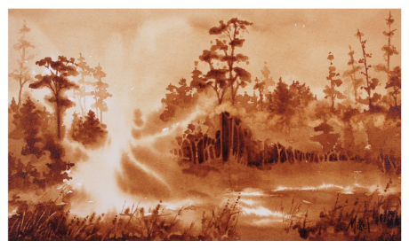 A semi-abstract painting of early morning sunlight melting away the fog hanging in the wooded area along I4 North of Orlando, Florida by artist Steven Mikel, Dark Roast Watercolors - Painting with Coffee