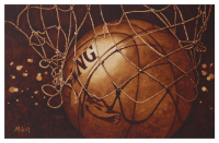 A painting of a basketball swooshing through a net painted by Artist Steven Mikel, Dark Roast Watercolors - Painting with Coffee