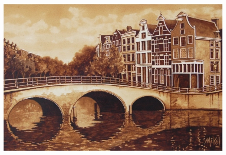 A painting of a small bridge and the unique architecture in Amsterdam, Netherlands by artist Steven Mikel, Dark Roast Watercolors - Painting with Coffee