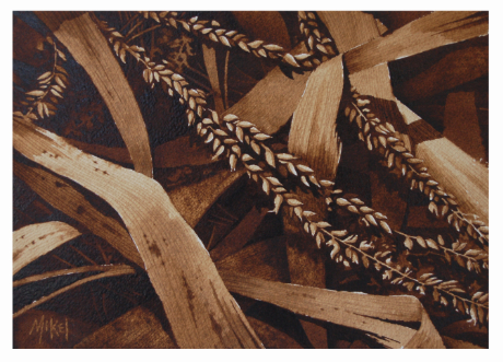 A small study in sepia tones of dried corn husks and tassels by artist Steven Mikel, Dark Roast Watercolors - Painting with Coffee