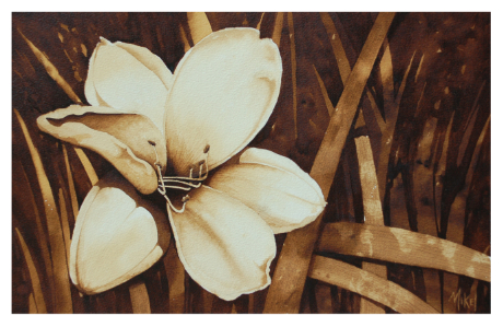 A painting of a daylily by artist Steven Mikel, Dark Roast Watercolors - Painting with Coffee