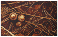 A coffee painting of fallen acorns and pine needles found in the wooded areas of Asheville, NC by artist Steven Mikel, Dark Roast Watercolors - Painting with Coffee