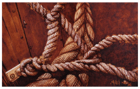 A unique perspective painting of rope fencing along the dock at Disney Boardwalk in Orlando, Florida by artist Steven Mikel, Dark Roast Watercolors - Painting with Coffee