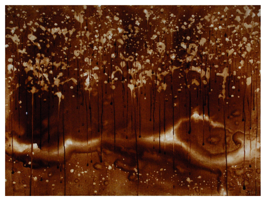 An abstract painting inspired by the ebb and flow of waves along the Florida Gulf Coast painted entirely with coffee.