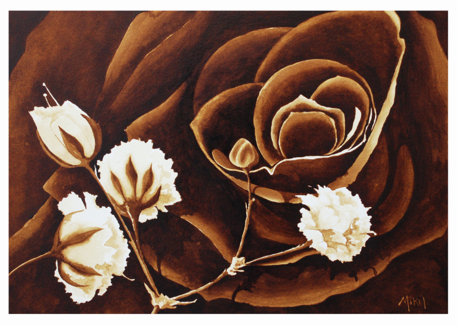 A coffee painting of Roses and Baby's breath by Artist Steven Mikel