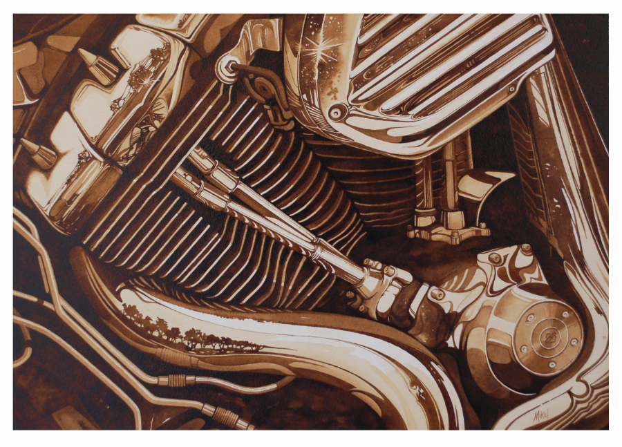 An up-close, almost abstract painting of the chrome and anodized black parts of a Harley-Davidson v-twin engine by Artist Steven Mikel