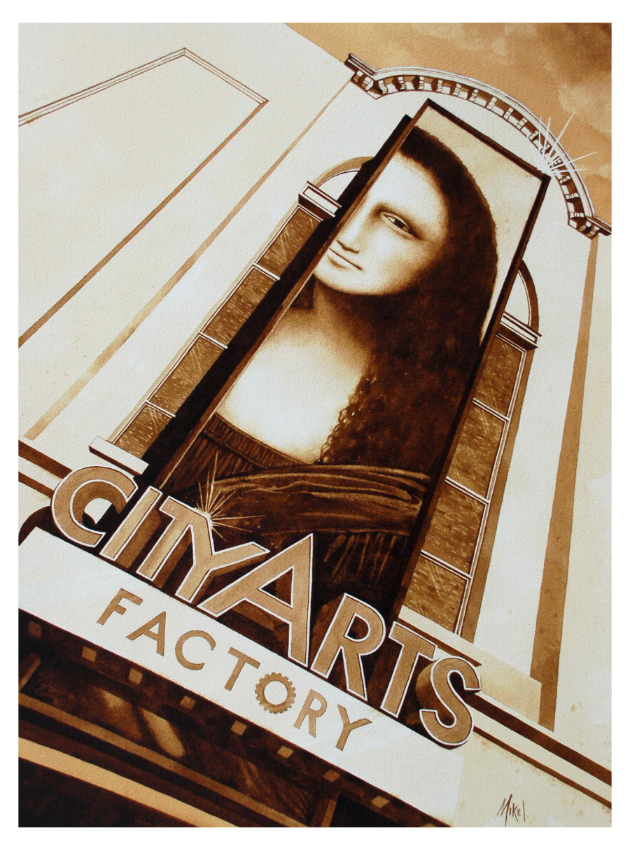 A painting of the Mona Lisa mural and front facade of the downtown Orlando, Florida CityArts Building by Artist Steven Mikel