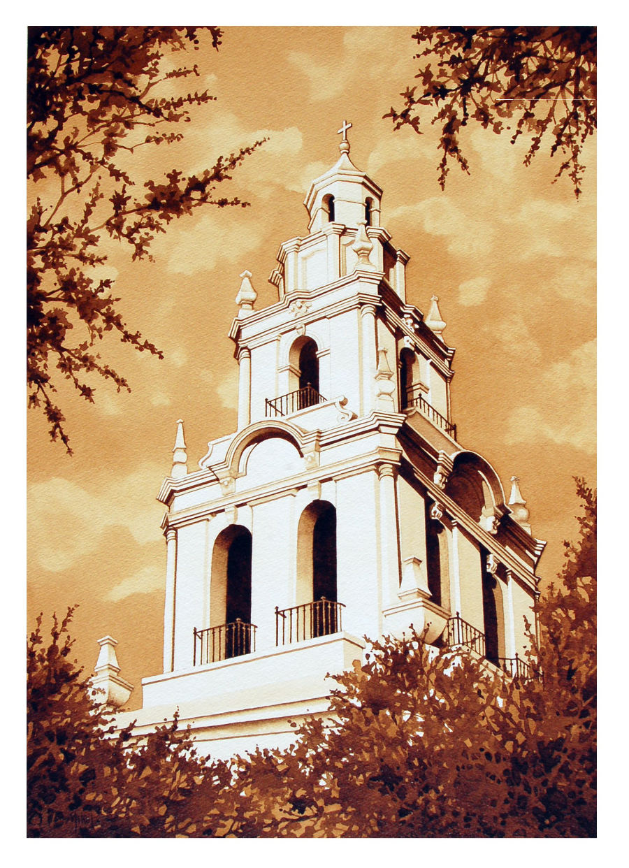 A coffee painting of bright afternoon sunshine illuminating the Knowles Chapel Tower on the Campus of Rollins College in Winter Park, Florida