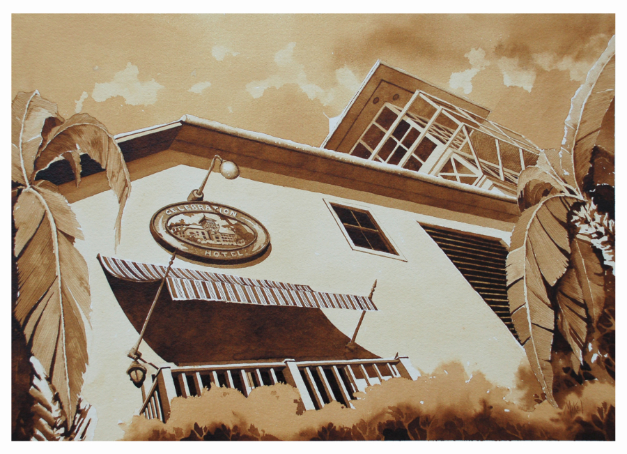 A coffee painting of the North SIde of the Celebration Grand Bohemian Hotel and Tower by Artist Steven Mikel