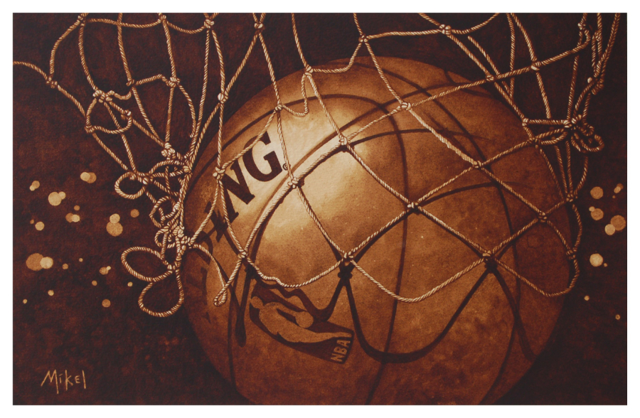 A painting of a basketball swooshing through a net