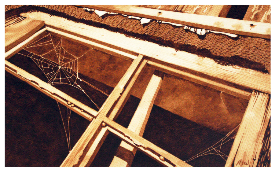 A painting of spider web and old abandon home found along the road in Asheville, NC