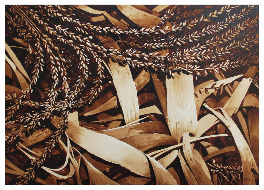 A coffee painting of interwoven dried corn husks scattered on the lawn for a pumpkin patch in Celebration, Florida by Artist Steven Mikel