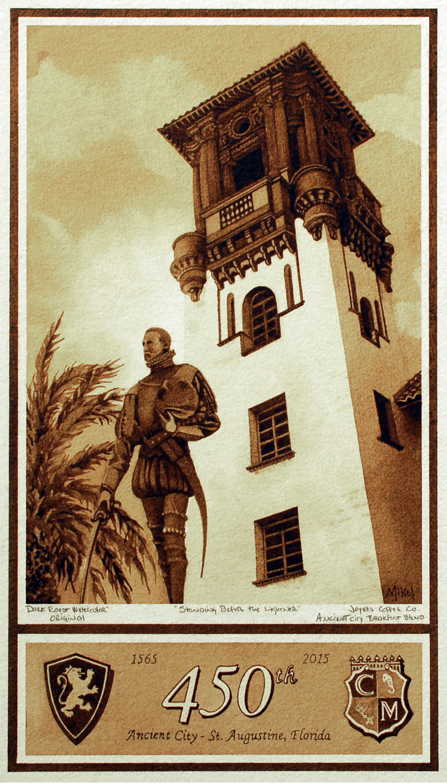 A painting of the statue of Don Pedro Menéndez de Avilés that stands outside of Flagler museum (formerly the Hotel Alcazar) in St. Augustine Florida