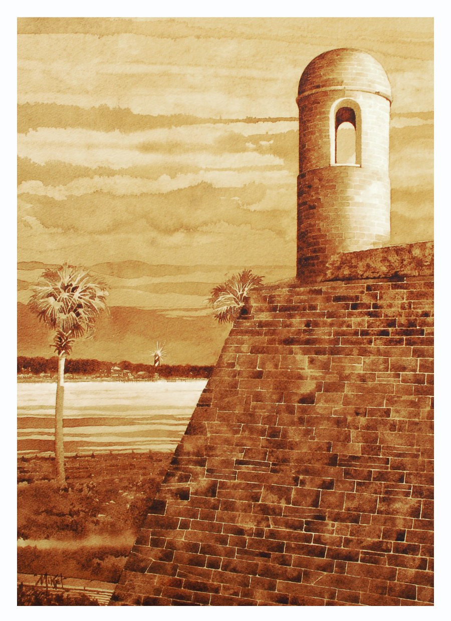 Coffee painting of The Castillo de San Marcos, on Matanzas Bay, St. Augustine, Florida.