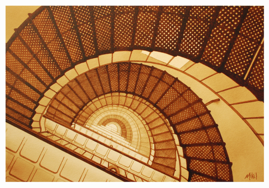 Coffee painting of the spiral Stairway inside the St. Augustine Lighthouse